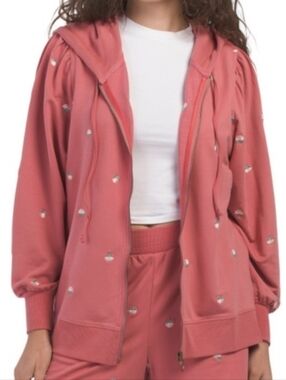 Summersalt Softest French Terry Puff Sleeve Zip Hoodie Floral Embroidered XL